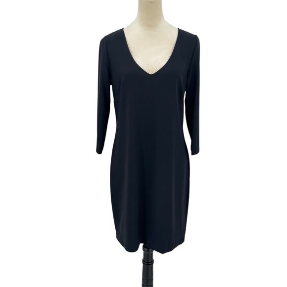 Boston Proper Black Stretch Knit 3/4 Sleeves V-neck Simple LBD Shift Dress - Picture 1 of 12